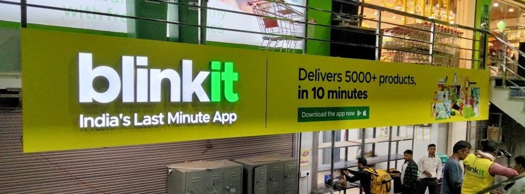 Storefront fascia signage for Blinkit quick-commerce